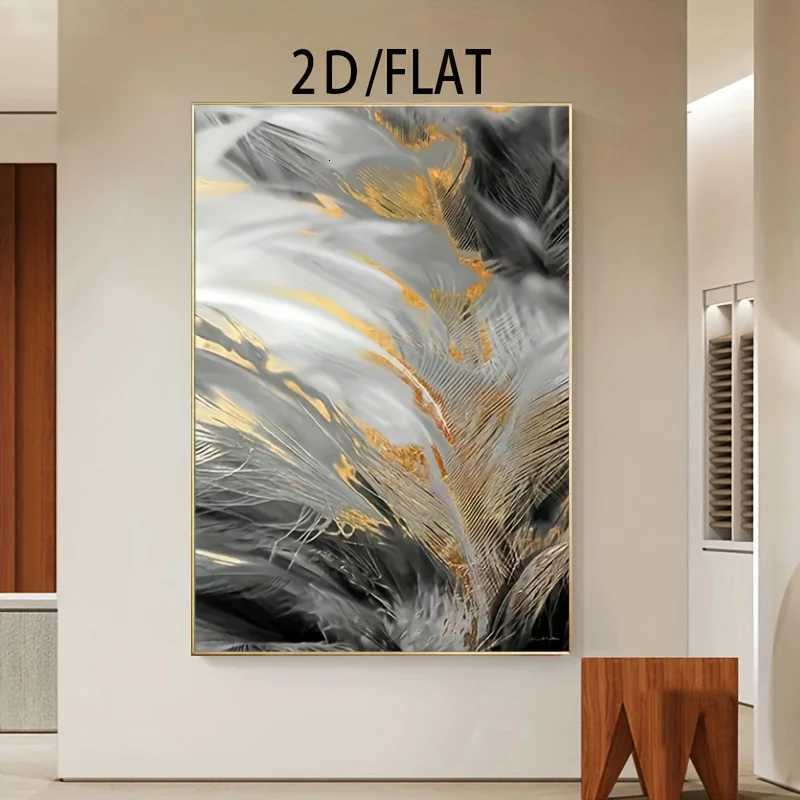 2D Flat Modern Abstract Wall Art Black Golden Feather Design Frameless Canvas Print for Living Room Bedroom Office Decor C251031