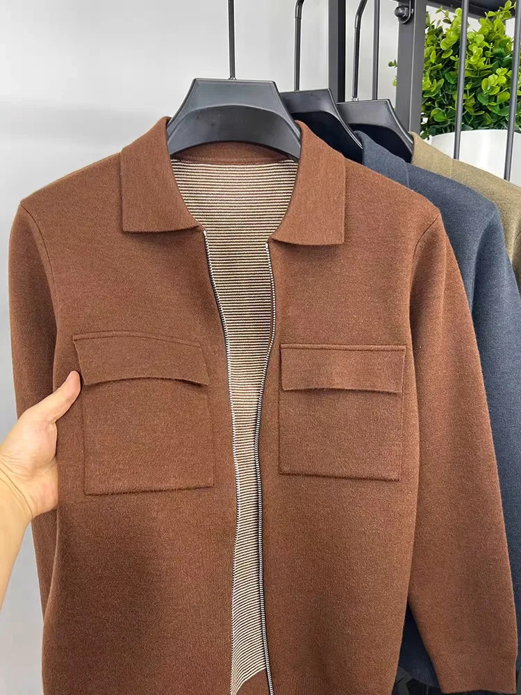 Premium Zipper Collar Wool Cardigan Mens Casual Coat AutumnWinter y Pocket n Solid Color Warm Sweater Jacket 251029