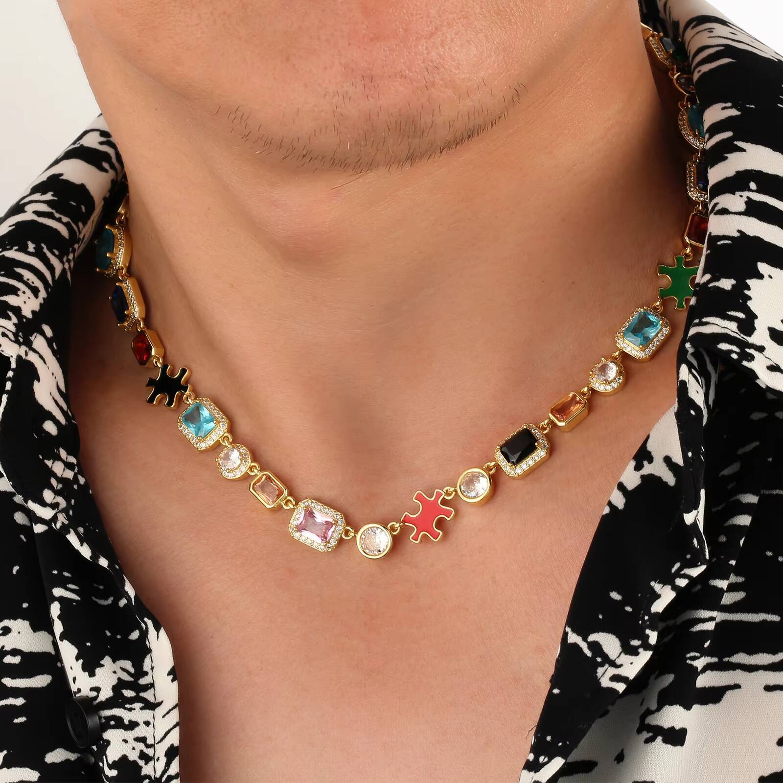 Luxury Jewelry Puzzle Iced Out CZ Diamond Link Chain 18K Gold Plated Men Hip Hop Women Colorful Cubic Zirconia Gemstone Necklace