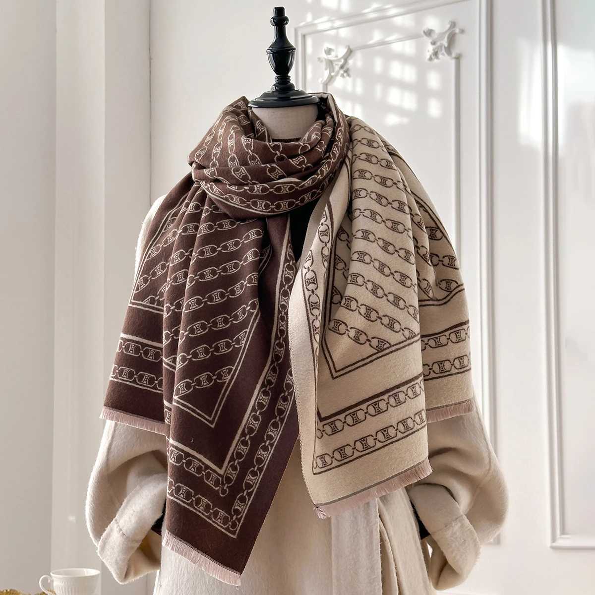 Womens Luxury Faux Cashmere Scarf Autumn Winter Warm Blanket Poncho Fashion Print Thick Shawl for Fashionable Coverage C251031