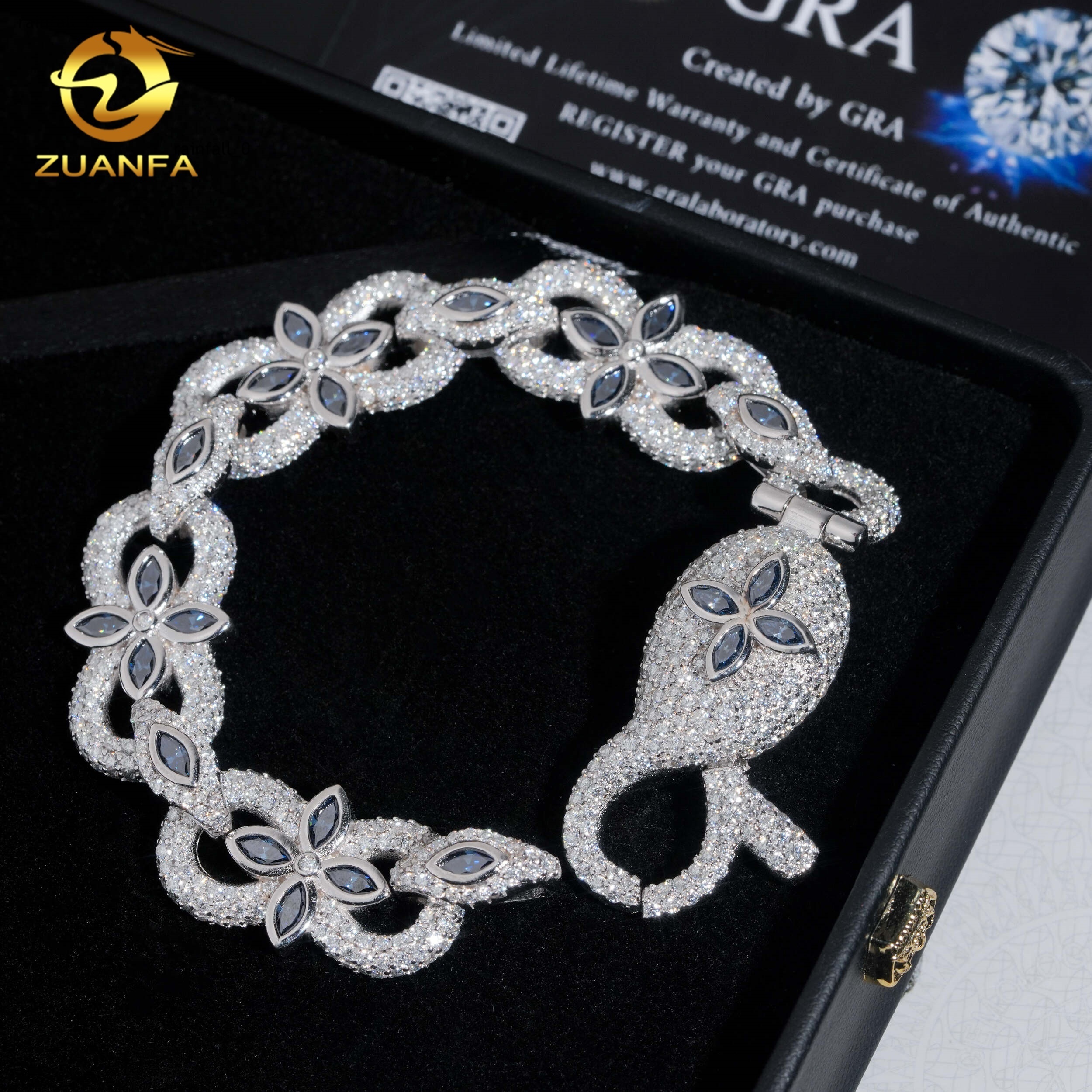 Hip Hop Jewelry 16mm Moissanite Cuban Link Bracelet 925 Silver Pass Tester Marquise Cut Royal Blue Moissanite Bracelet