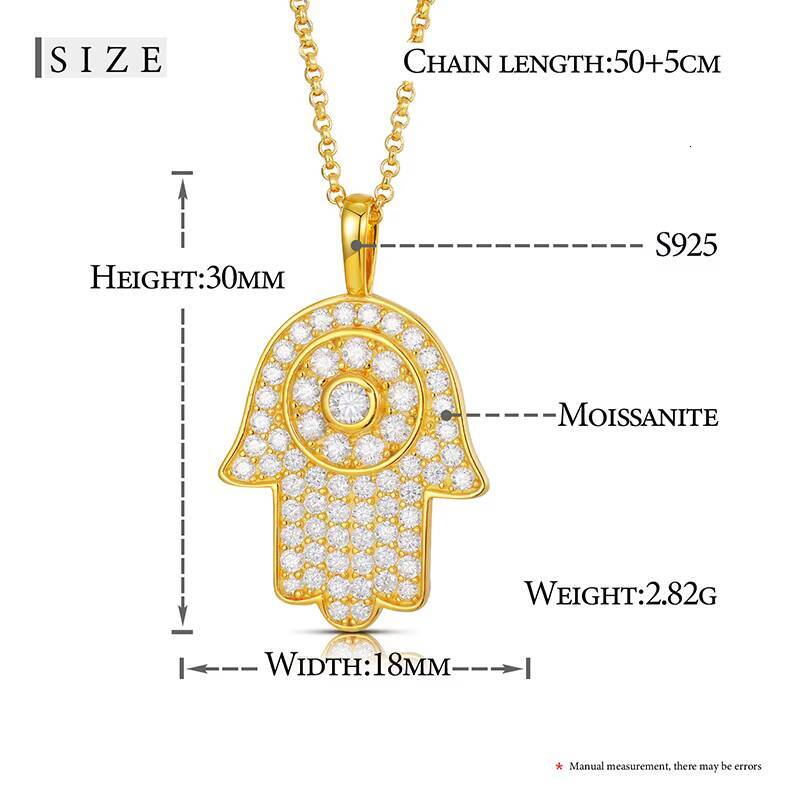 Real 925 Sterling Silver Hip Hop Hamsa Palm VVS D Color Moissanite Diamond Hand Pendant for Men Women with GRA Certification