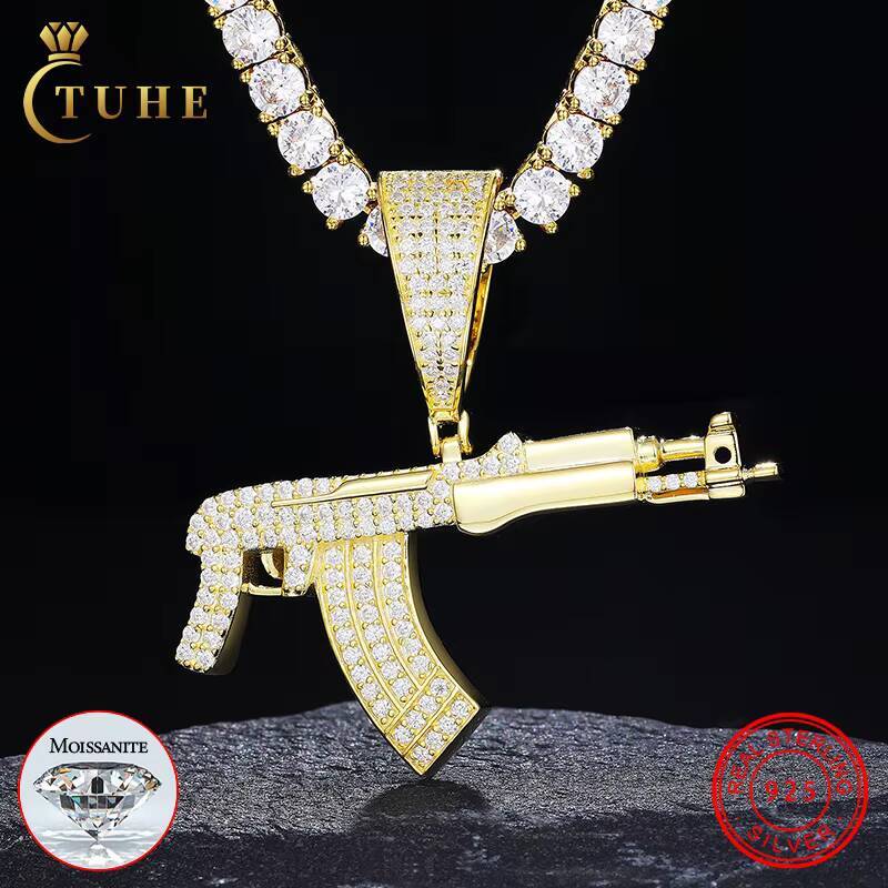 Rappers Punk Style 18K Gold Plated 925 Sterling Silver VVS Moissanite Diamond Iced Out AK47 Gun Pendant for Men