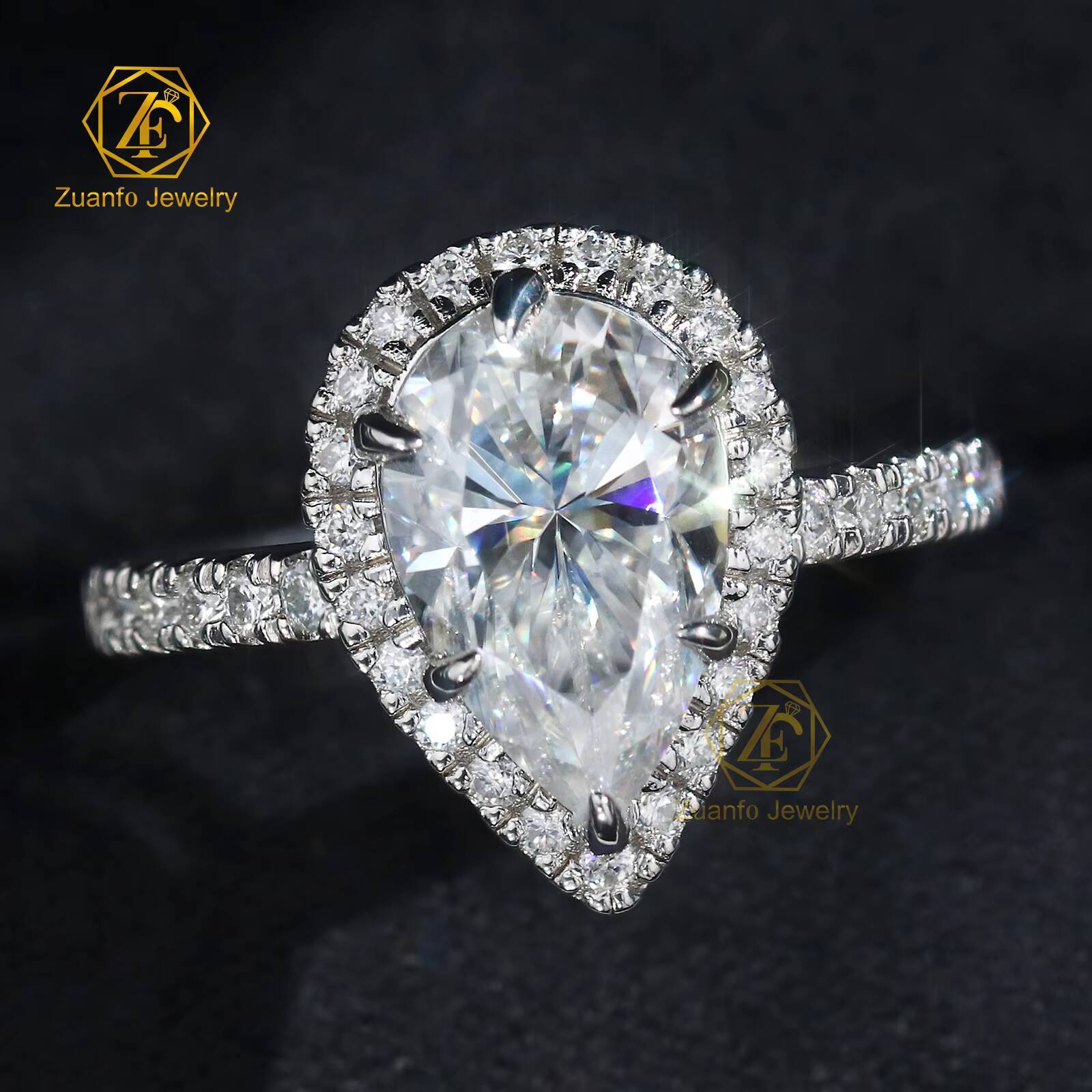 Classic 1CT 2CT 3CT Pear Cut Diamond Ring Custom Fine Jewelry Pass Diamond Tester D VVS Moissanite Halo Ring for Gifts