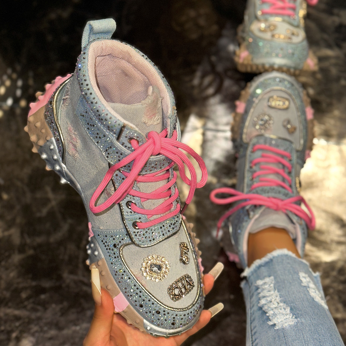 Women Rhinestone Casual Luxury Sneakers Diamond High-Top Designer Boots Thick Bottom Shoes Female Tennis Outdoors Walking Shoes Trendy Dad Shoes