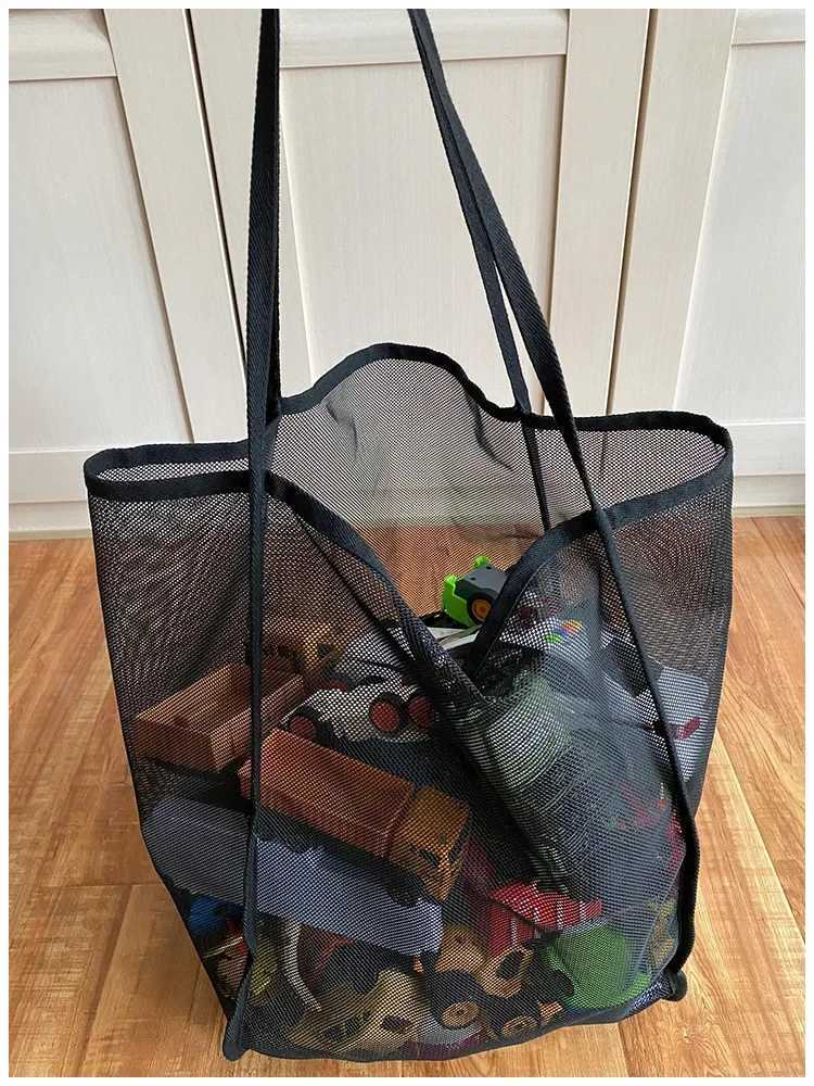 Women Mesh Beach Tote Bag Shoulder Handbag Swimming Beach Bag Large Capacity Kids Toys Storage Bags Makeup Organizer Travel Bag W251031