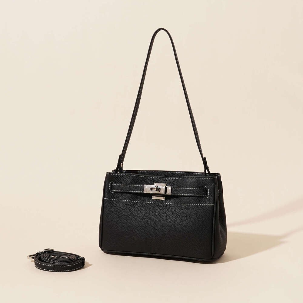 Top Layer Cowhide High-End New Vintage Lock Underarm Genuine Leather Shoulder Handbag Crossbody Bag