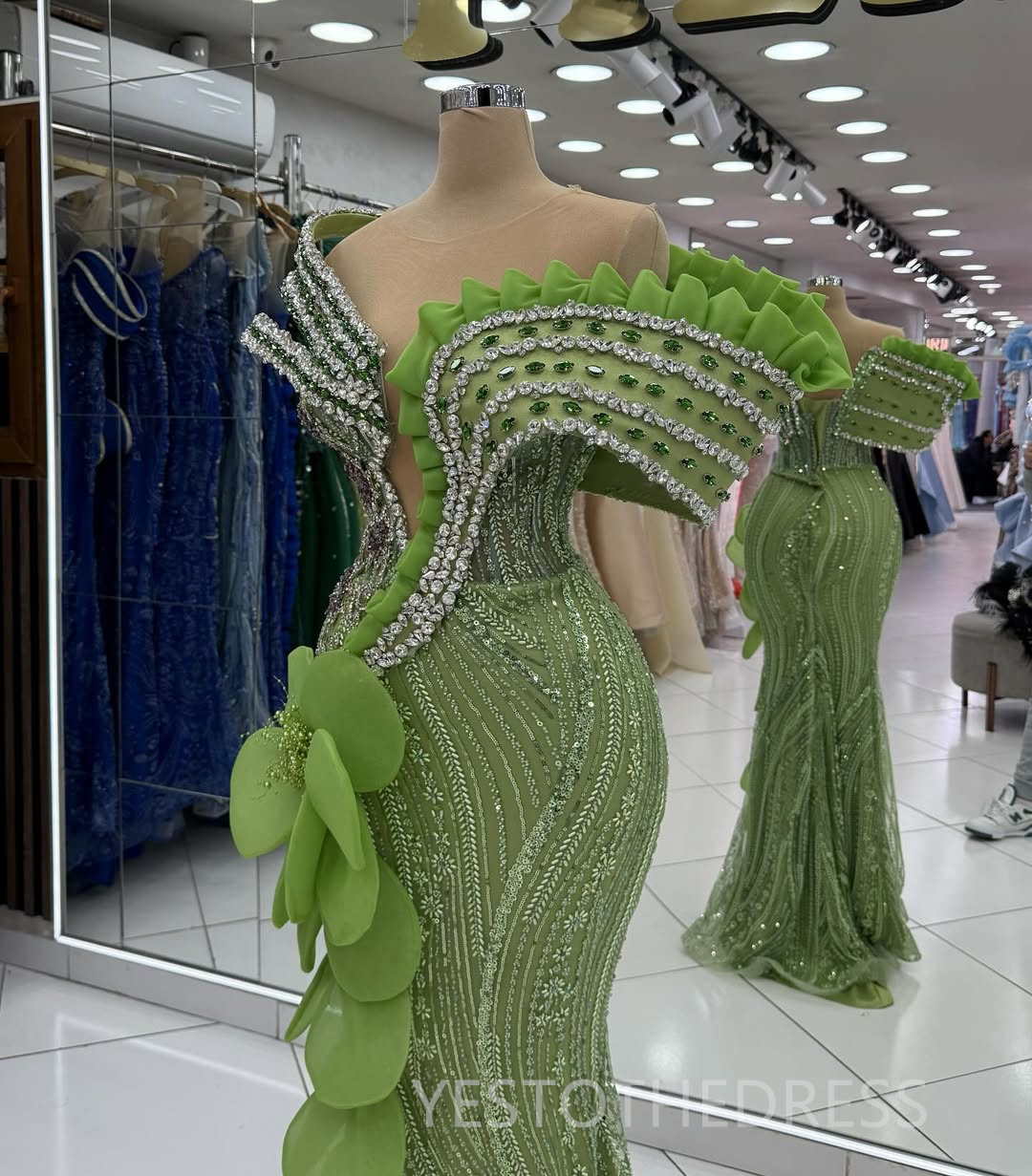 2026 Green Aso Ebi Prom Dress Mermaid Evening Dress Dress Robe De Soiree Sheer Neck Crystals Sexy Split Beaded Lace Flora Birthday Dress Second Recept