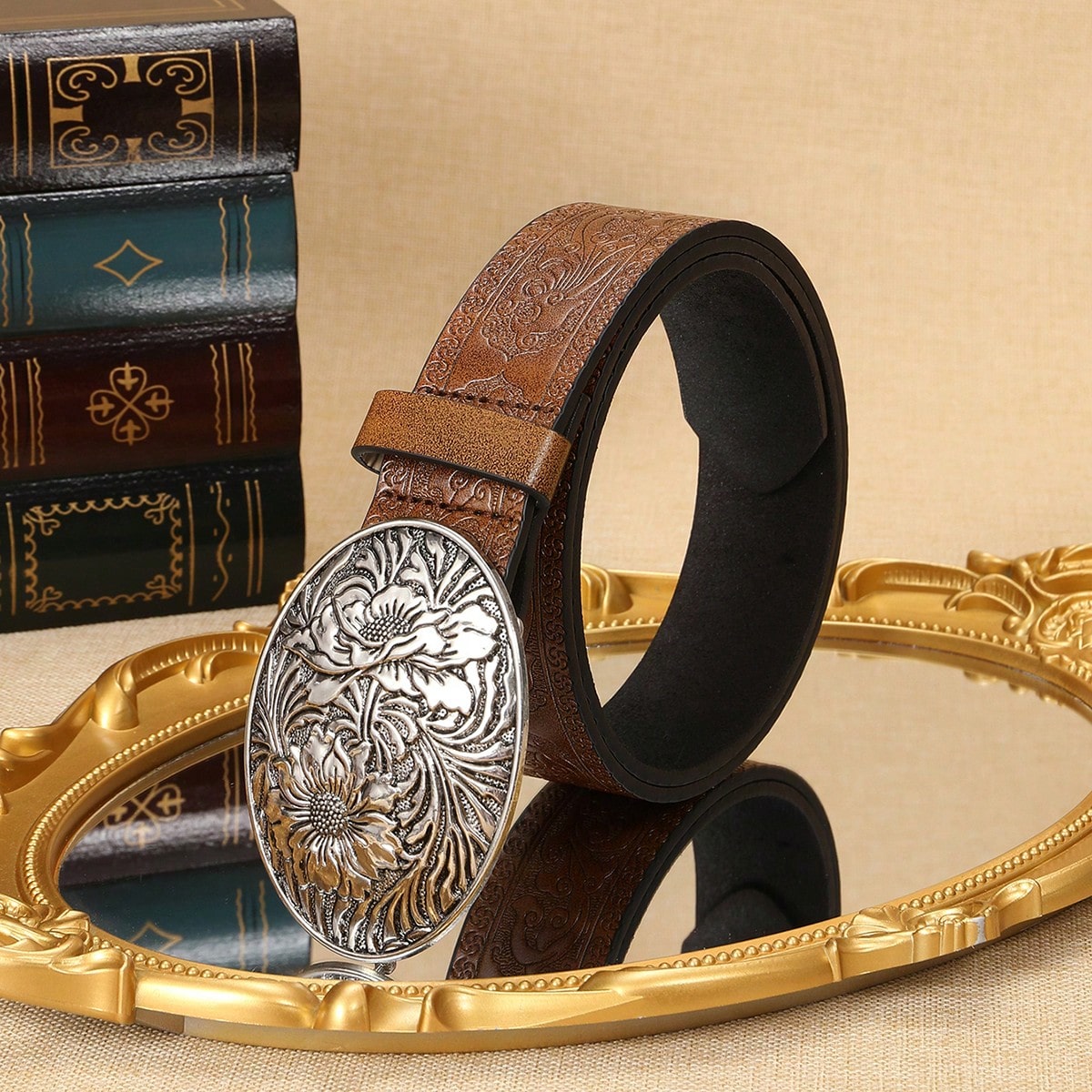 A ladies' polyurethane coffee-colored belt. This is a stylish and trendy Bohemian-style leather belt accessory that is suitable for streetwear co