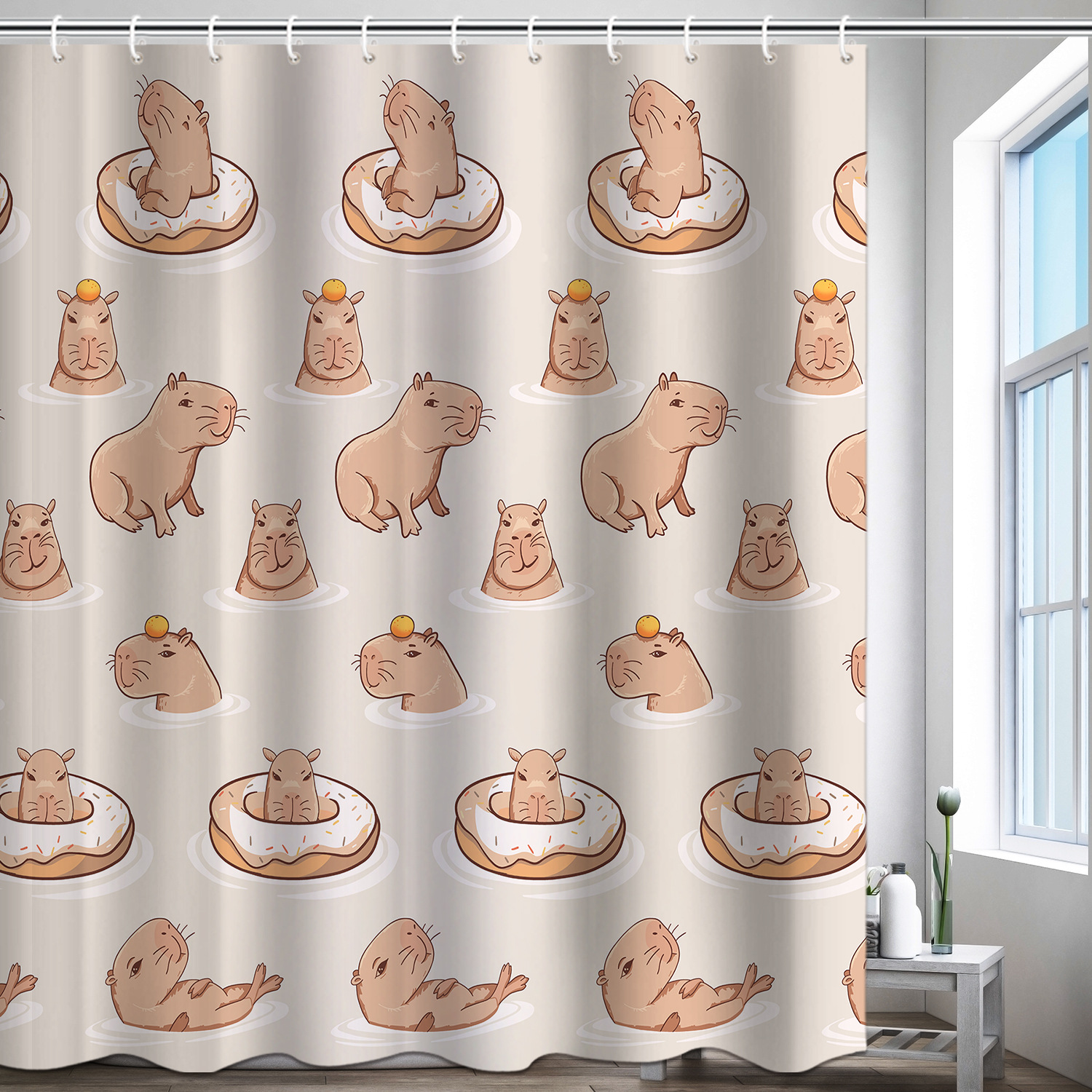 YL-37604 3D Digital Shower Curtain for Kitty Bathing, Bathroom Dry and Wet Separation, Polyester with Hooks, Isolation Curtain
