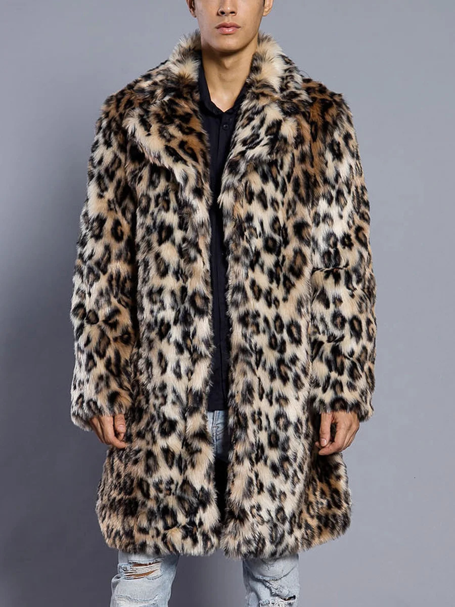 Autumn Winter Mens Faux Fur Large Lapel Long Jacket Overcoat Clothing Leopard Thick Coat 251018