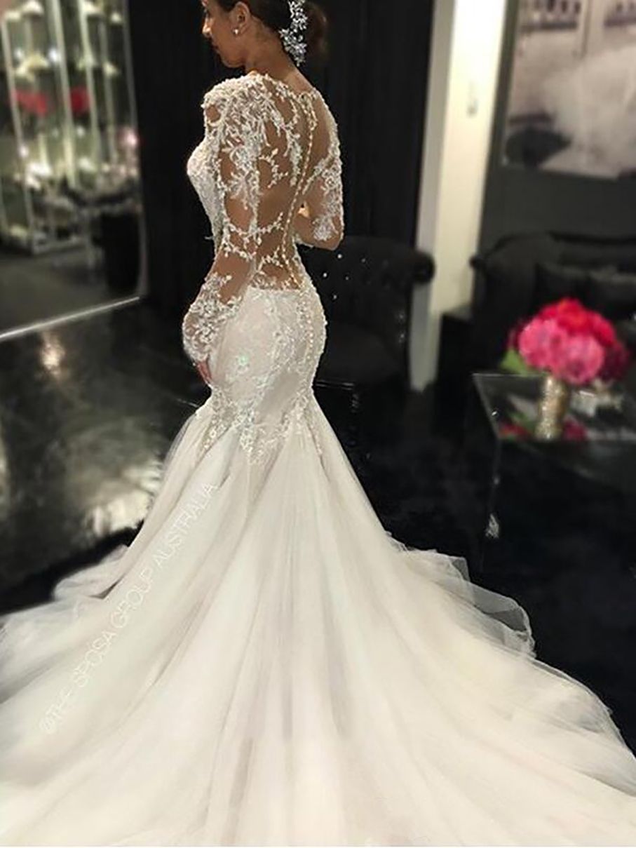 2026 Vintage Mermaid Dresses Long Sleeves Lace Appliques Beaded Wedding Sweep Train Jewel Bridal Gowns O31 B0312