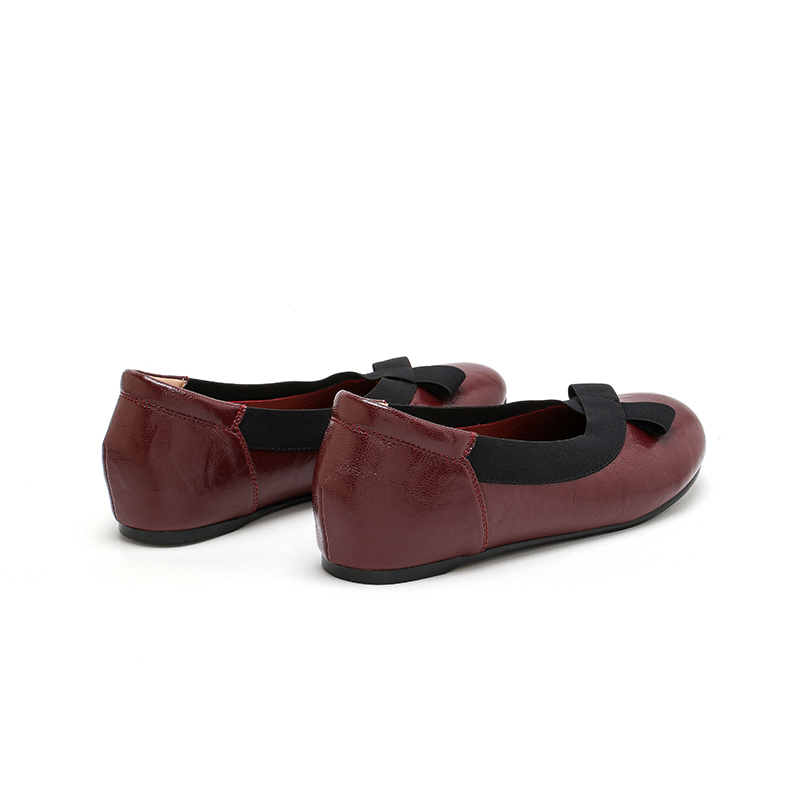 Designer women's fashionable artificial leather flat shoes, round toe bow design flat shoes, black/Burgundy, casual and comfortable for women