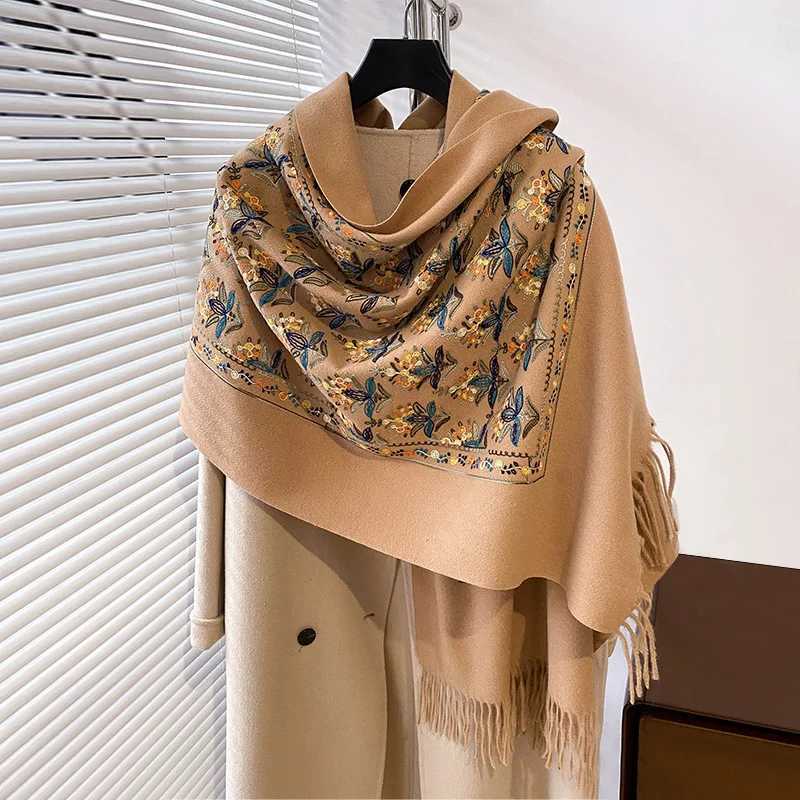 Winter Warm Cashmere Scarf for Women Floral Embroidery Blanket Thick Shawl Wrap Neckerchief Elegant Poncho Bufanda C251031
