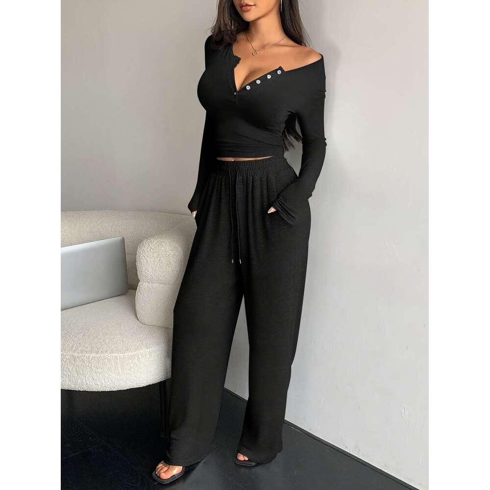 2025 European American Cross-Border Trade Autumn Sleeve Button-Up Solid Color Tight Top And Long Pants Two-Piece Set For Women 729C 79bb - view 7