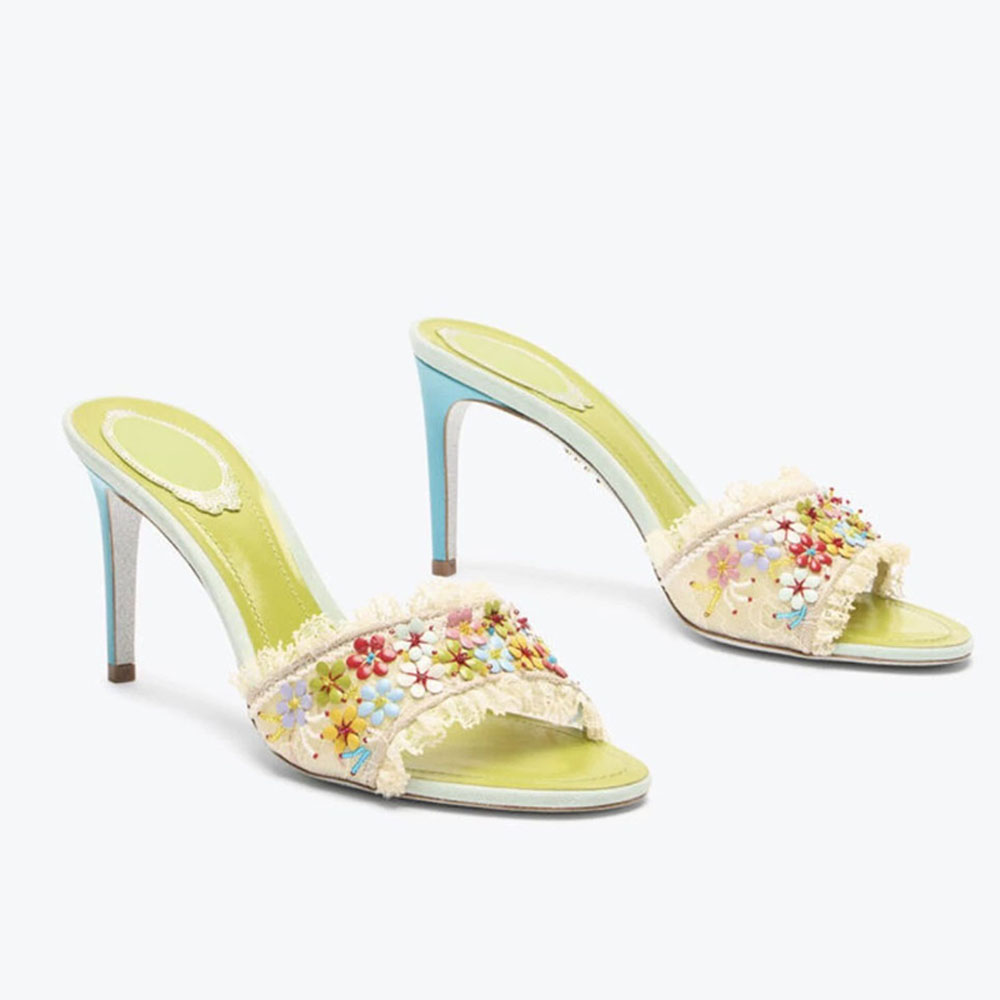 Designer Colorful daisy Floral stiletto slides mules sandals open Toe 9.5cm women evening party shoes rhinestone bow 4.5cm thick heel slippers 35-43 Bring box