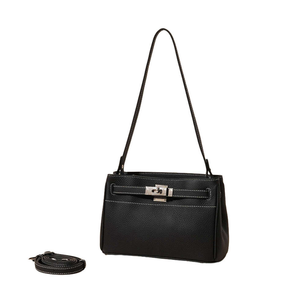 Top Layer Cowhide High-End New Vintage Lock Underarm Genuine Leather Shoulder Handbag Crossbody Bag