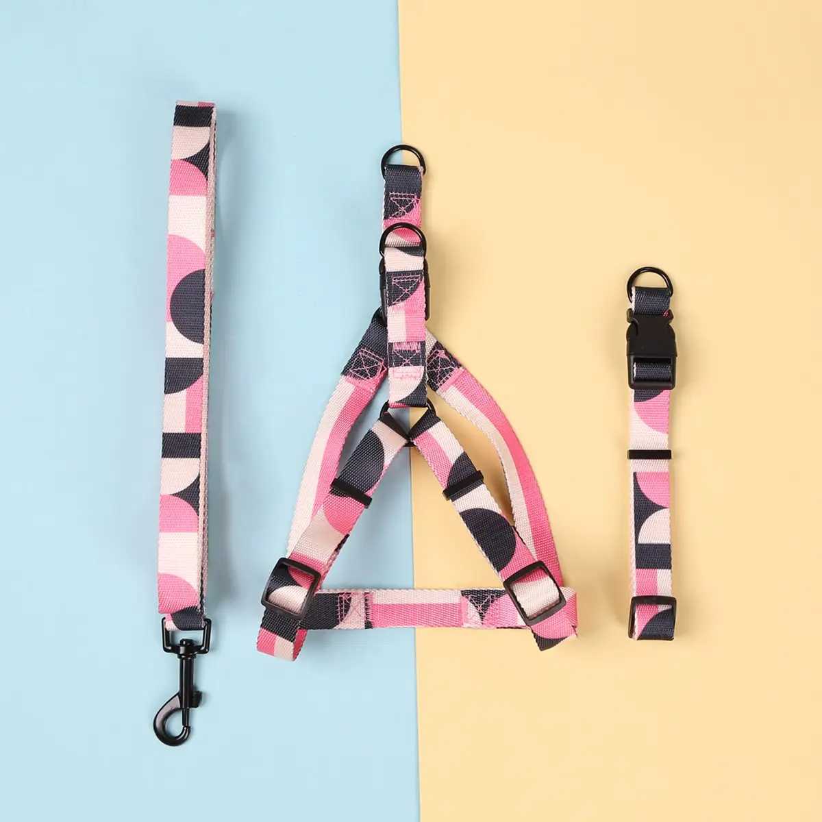 Dog Harness and Leash Abstract Patchwork Colors Comfortable Adjustable Size Suitable for Dogs Outdoor Activities C251031