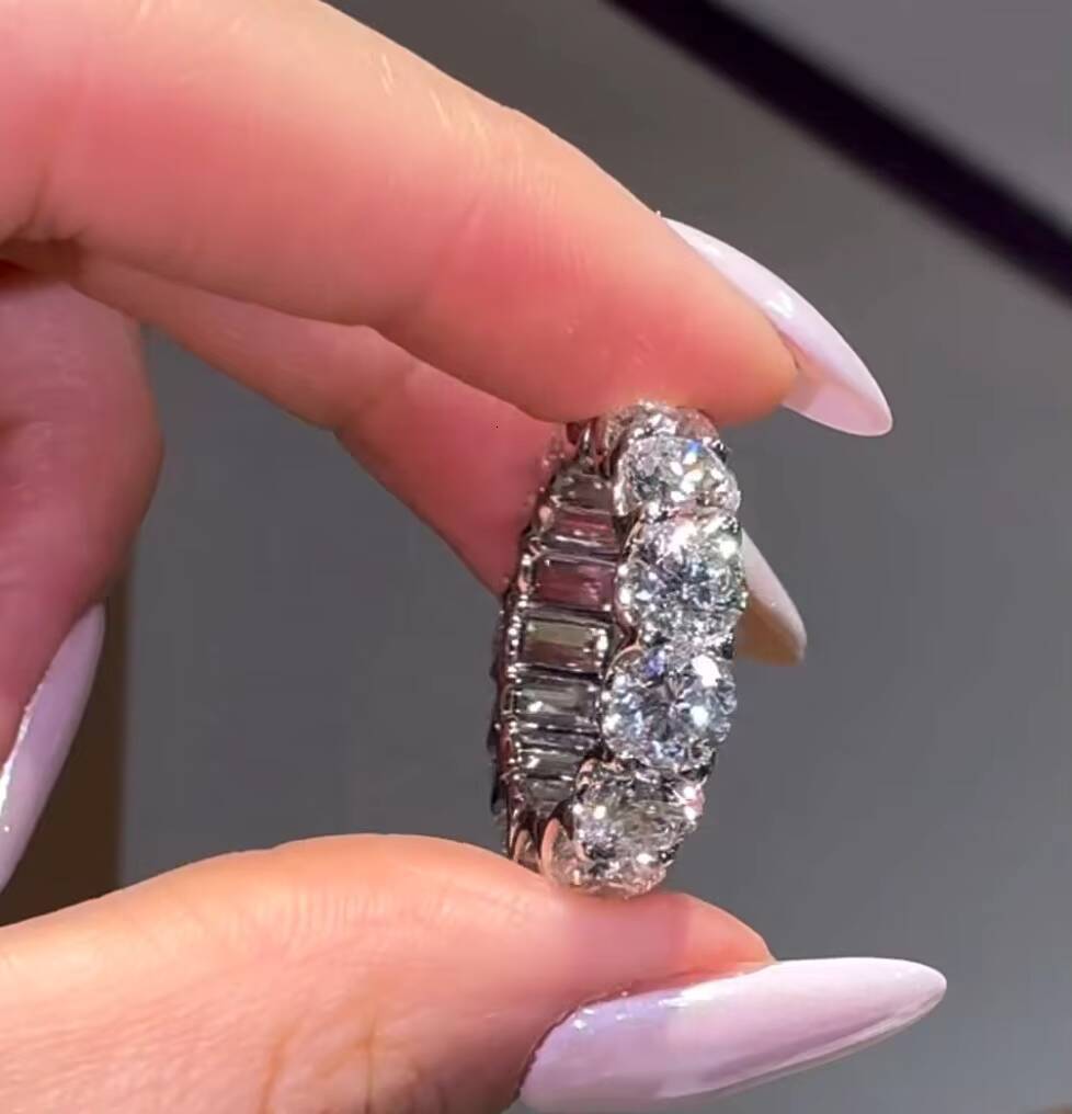 Factory Direct Sell 10K 14K 18K White Gold VVS D Color 3X5MM Emerald Cut Mix Round Brilliant Cut Lab Grown Diamond Ring Band