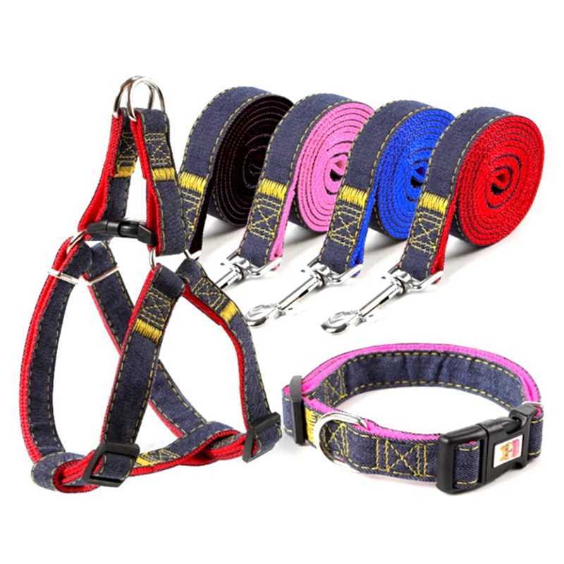 Pet Dog Collar Leash Harness Suit Adjustable Durable Leashes Pet Harnesses Wearresistant Denim Leash Outdoor Dog Walking Leash C251031