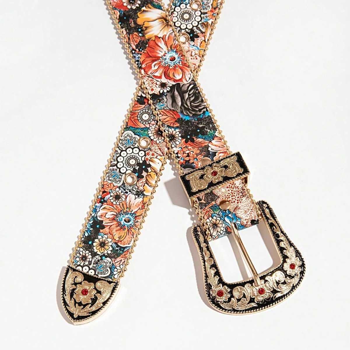 1pc Womens Palacestyle Light Luxury Gem Metal Buckle Multicolor Flower Print Belt A Versatile Decorative Belt for JeansW251030