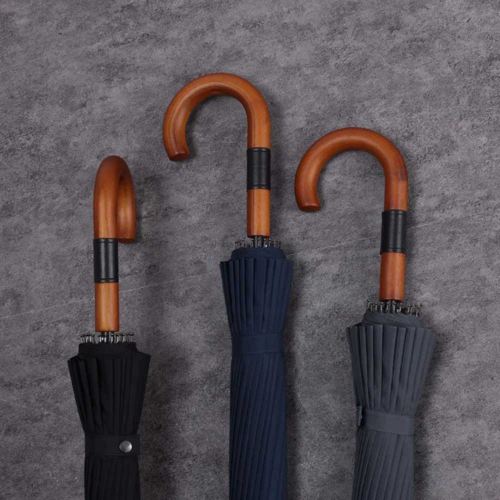 Long Handle Umbrella Large Autatic Umbrellas 24Bone Solid Wood Handle Sturdy Wind Resistant Reinforcement Rainstorm Umbrella H251031