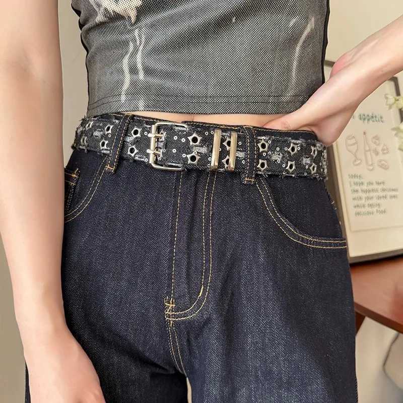 Edgy Punk Denim Double Buckles Star Belts Y2K Rock Style Hollow Out Stars Waistband for Women Men Jeans Fashion Deco AccessoriesW251030