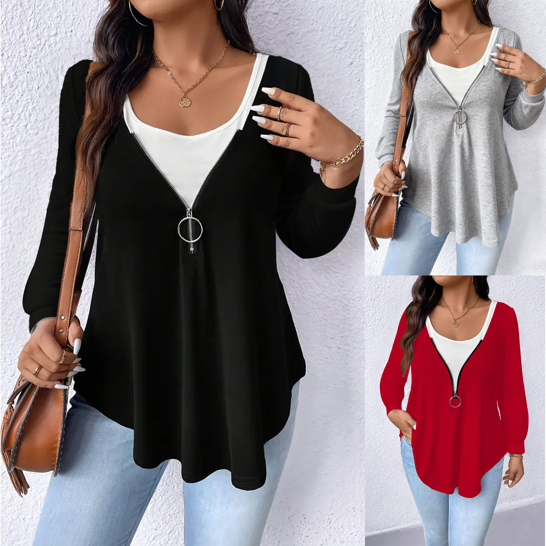 2025 autumn and winter designer loose plus size women's clothing, European and American casual versatile, external zipper, new fake two-piece lon