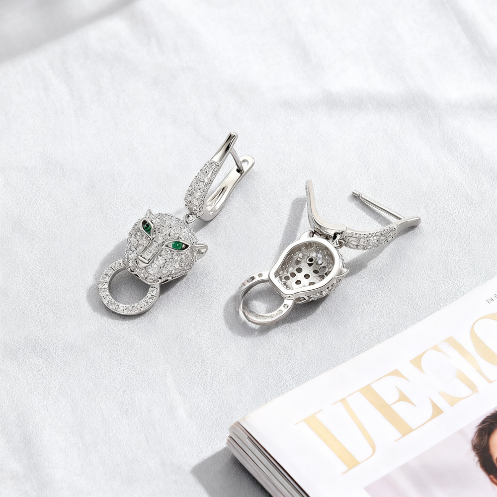 Earrings Fine Jewellery Green Eyes Leopard Animal Stud with Paved Cubic Zirconia Steel Needle for Party Wear Special Occasion Gift High Quality Textur