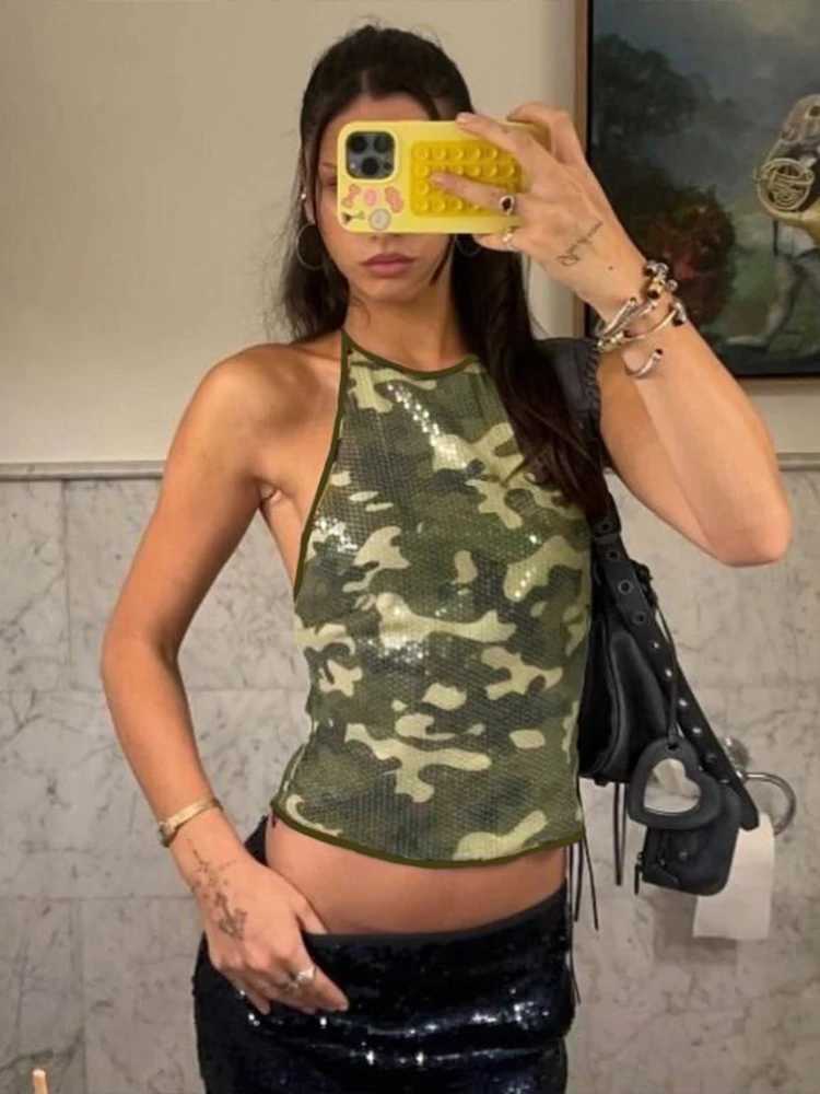 Weird Puss Camouflage Sequins Camisole Women Halter LaceUp Backless Slveless Sexy Strt Midnight Daily Summer Trend Tops C251031