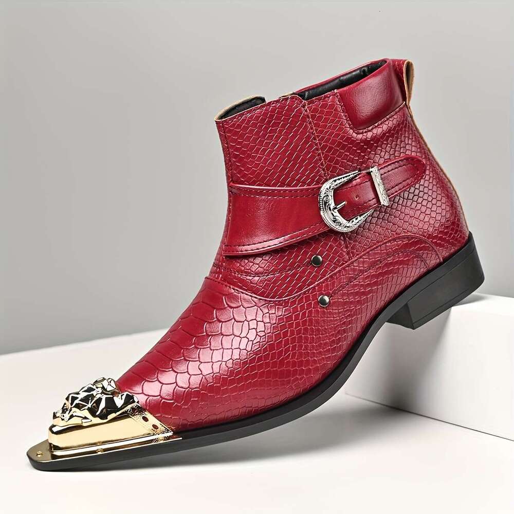 QRLQRL Men's Retro British Style Slip-On Ankle Boots With Metal Red Snakeskin-Like Chunky Heel Pointed Toe Short Boots, Rubber Sole For Parties,  - view 4