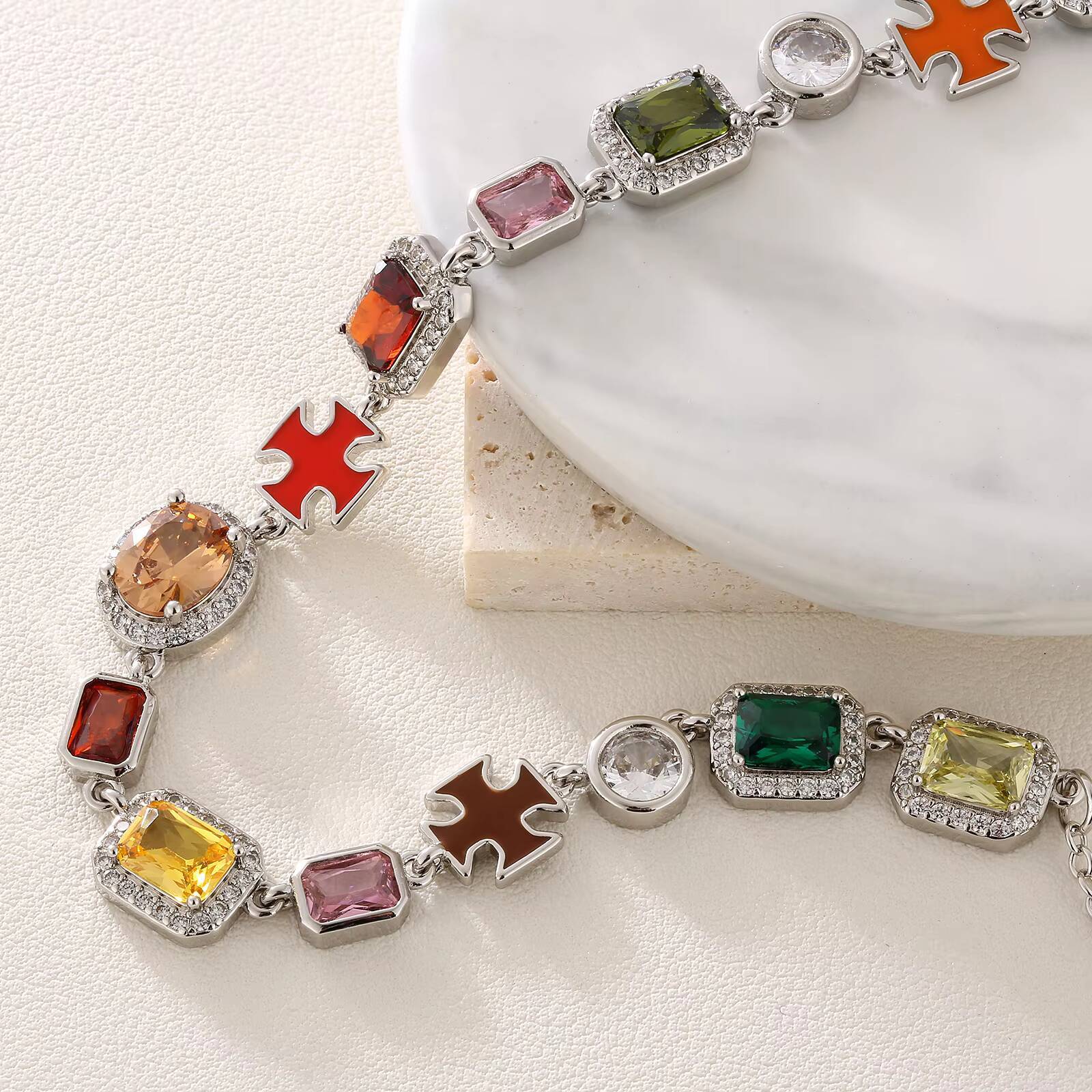 Vintage Mixed Gemstone Cross Tennis Chain 18K Gold Plated Vintage Multi Colored Jewelry 5A CZ Enamel Gem Necklace for Women Men