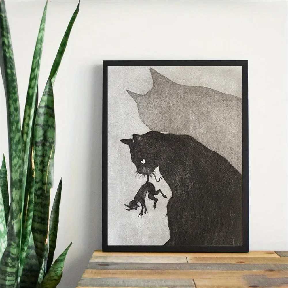 Black Cat Hunter Canvas Painting Prints Modern Animal Sketch Posters Wall Art for Living Room Bedroom Home Office Decor Unframed C251031