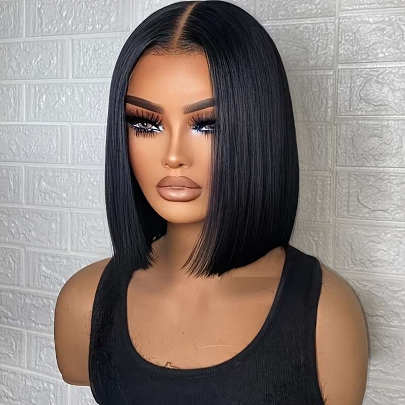 13X4x1 12/14/16 Inch Matte Black Bob With Bangs - Heat Resistant Synthetic Hair, 130% Density Straight Wig Women & Men, Natural Look For All Ethniciti