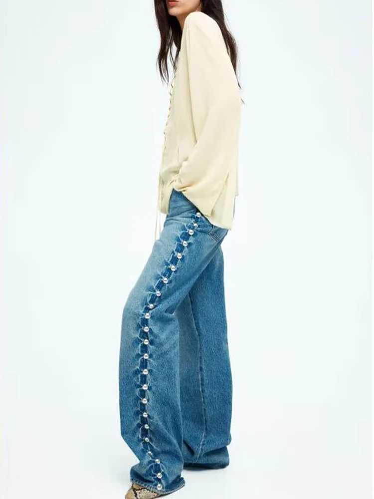 European and American style 2025 summer new womens clothing allmatch straight metal rivet decorated jeans trousers J251031