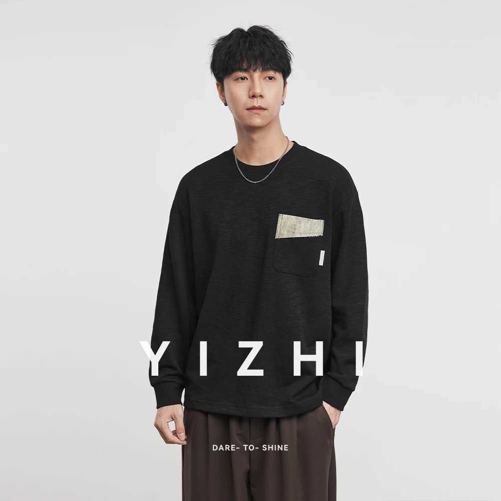 Fashion Mens Pocket Contrast Color Round Neck Sweatshirt 2025 Autumn New Loose Versatile Long Sleeve Top Pullover J251021