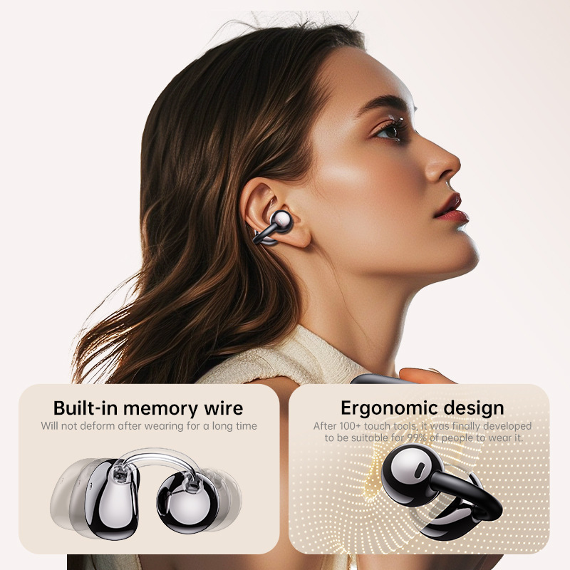 Advanced Clip-On Earbuds with Color Touch Screen & Remote Control Open-Ear Bluetooth Earphones Hi-Fi Sound for Gaming/Music Anti-Loss 30Hrs Playback