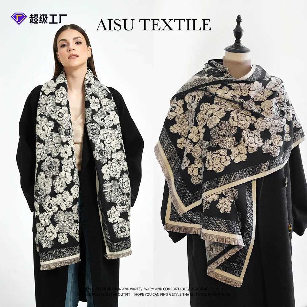 New Camellia Jacquard Imitation Cashmere Scarf Womens Short Tassel High Grade Black Scarf Shawl Sjaal Bufanda 4w931 C251031