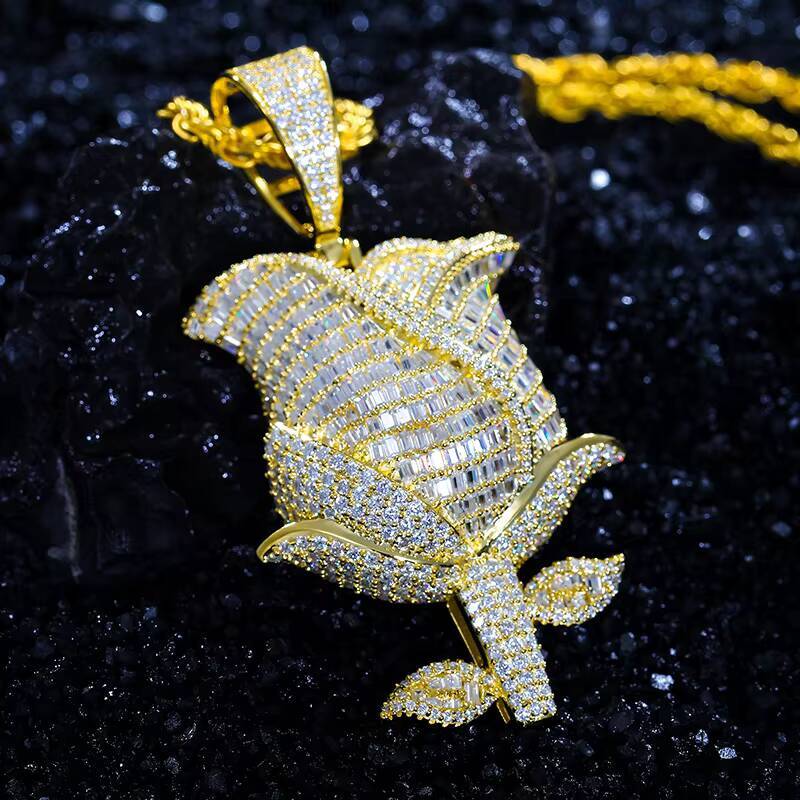 Pass Diamond Tester VVS Baguette Moissanite Rose Pendant 925 Sterling Silver Lab Diamond Iced Out Hip Hop Jewelry Wholesale