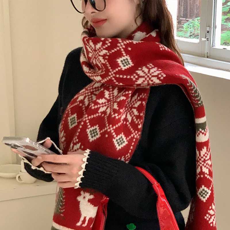 Red Knitted Scarf with Christmas Tree and Reindeer Pattern Warm Unisex Winter Scarf for Festive Atmosphere Holiday GiftingW251030