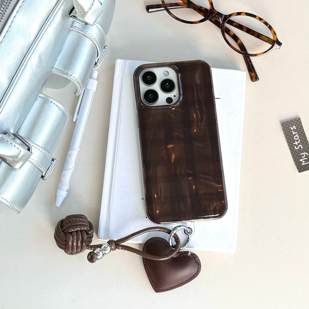 Brown Plaid Heart Pendant Phone Case Compatible with iPhone 17/16 Pro Personalized Protective Cover iPhone 15/14