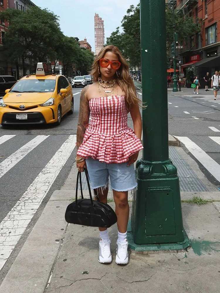 kliou Plaid Printed Women Tanks Hipster Classic Strapless Ruffle Pleated Fit Skinny Tops Female Spring New Strt Chest Vests C251031