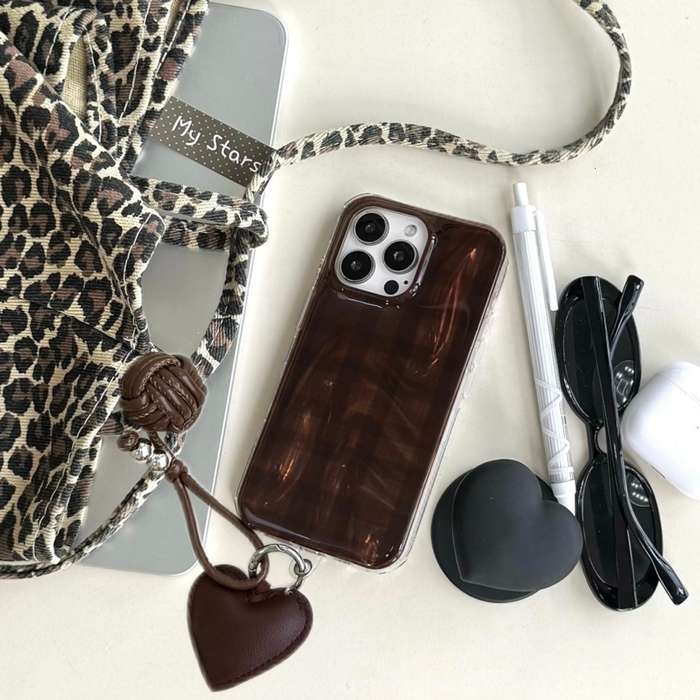 Brown Plaid Heart Pendant Phone Case Compatible with iPhone 17/16 Pro Personalized Protective Cover iPhone 15/14