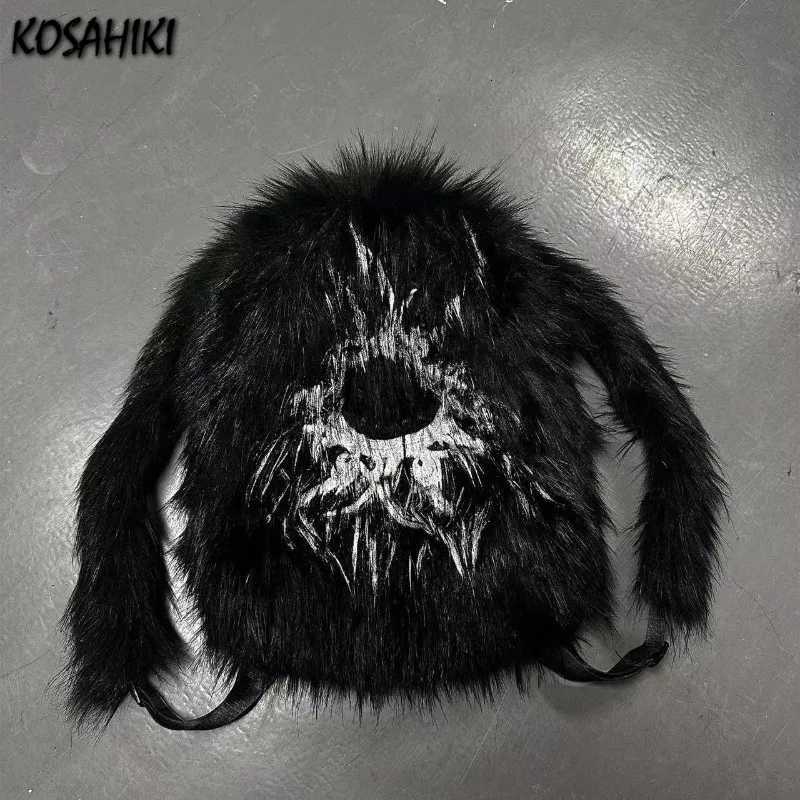 Vintage Print Fluffy Backpack Personality Y2k Aesthetic Fashion Schoolbags Women Casual Harajuku Streetwear All Match Backpacks W251031