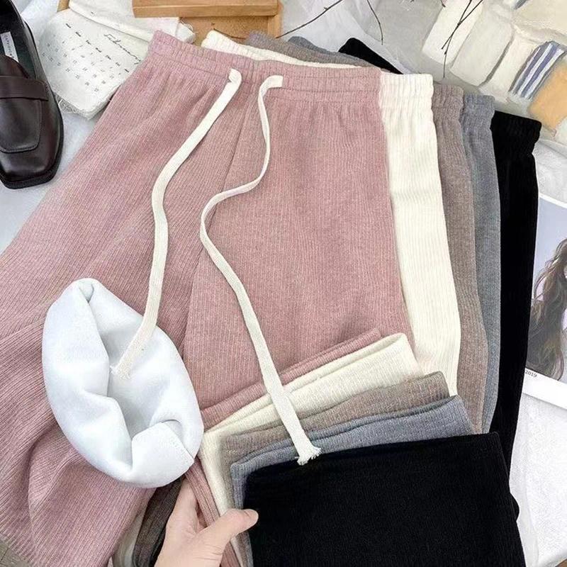 Women's Pants Casual Elastic Waist Fleece Women 2025 Drawstring Lace Up Wide Leg Trousers Woman Pocket Warm Autumn Winter Female Z260314