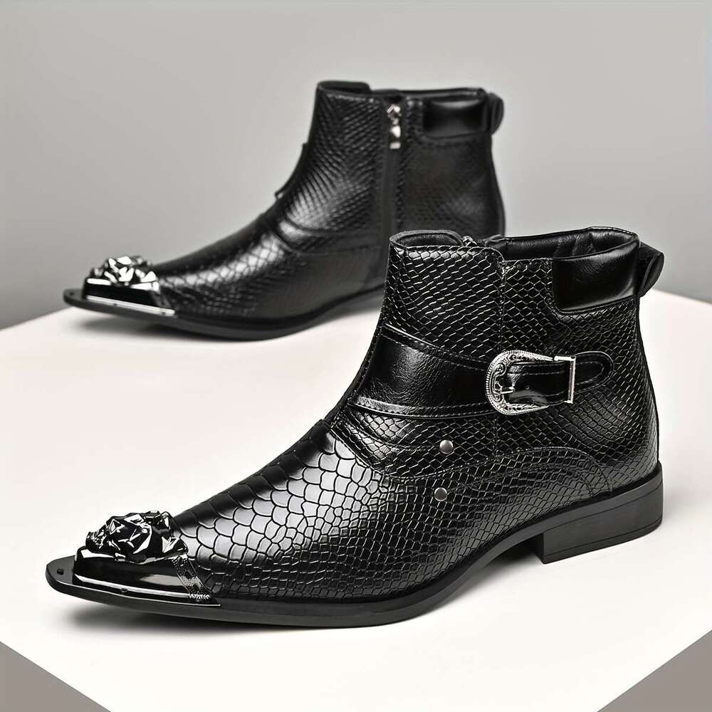 QRLQRL Men's Retro British Style Slip-On Ankle Boots With Metal Red Snakeskin-Like Chunky Heel Pointed Toe Short Boots, Rubber Sole For Parties,  - view 8