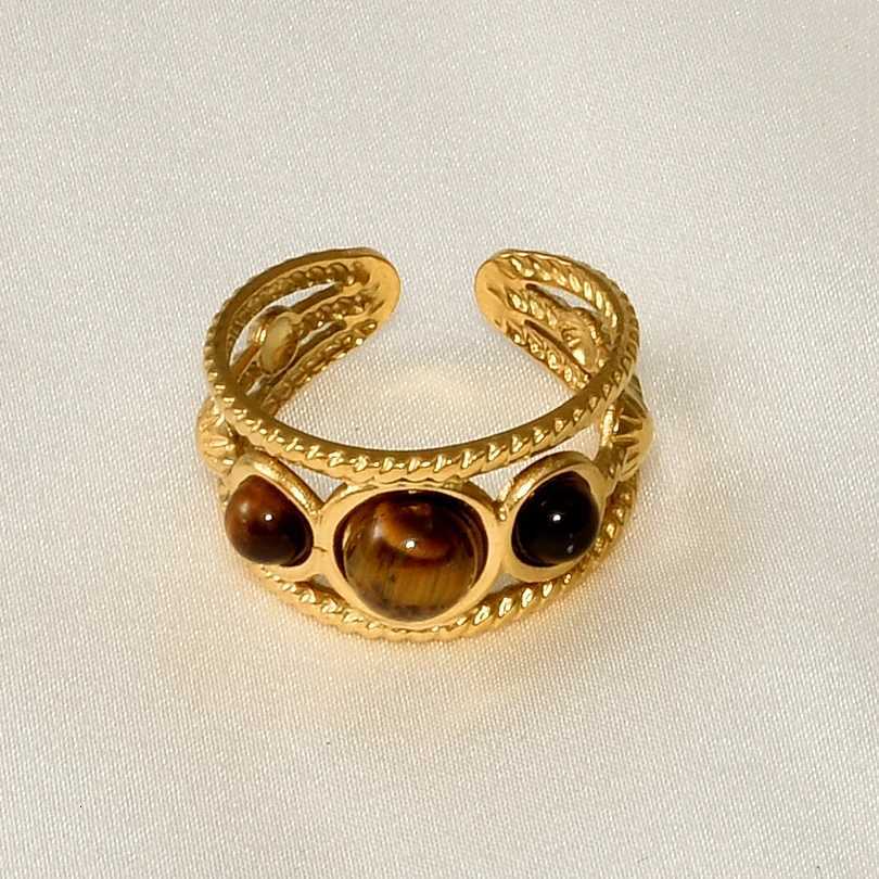 1pcs Classic Tiger Eye Real Stone Open Adjustable Stainless Steel Rings For Women Men Accessories Gold Color Finger Jewelry RingXJ251031