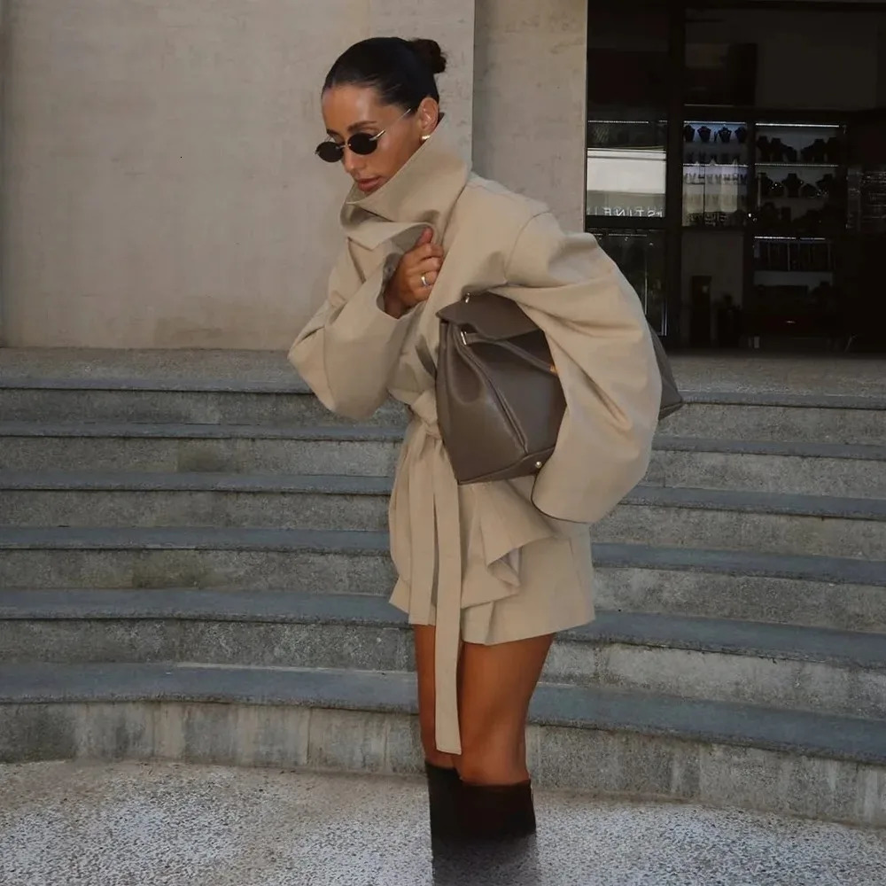 KONDALA Office Lady Khaki Suits Women Long Sleeve Sashes Button Trench Jakcets Wide Leg Button Shorts Fashion Autumn Suits 251031