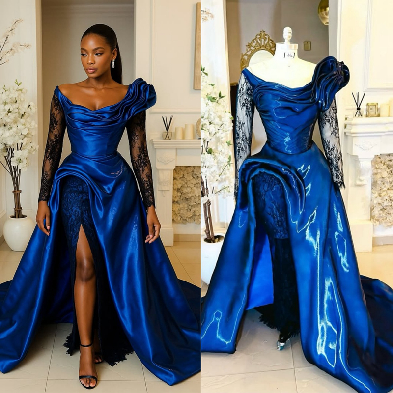 2025 Shiny Aso Ebi Prom Dress Mermaid Evening Dresses Scoop Neckline Sexy Side Split Beaded Lace Illusion Long Sleeves Birthday Dress Second Reception