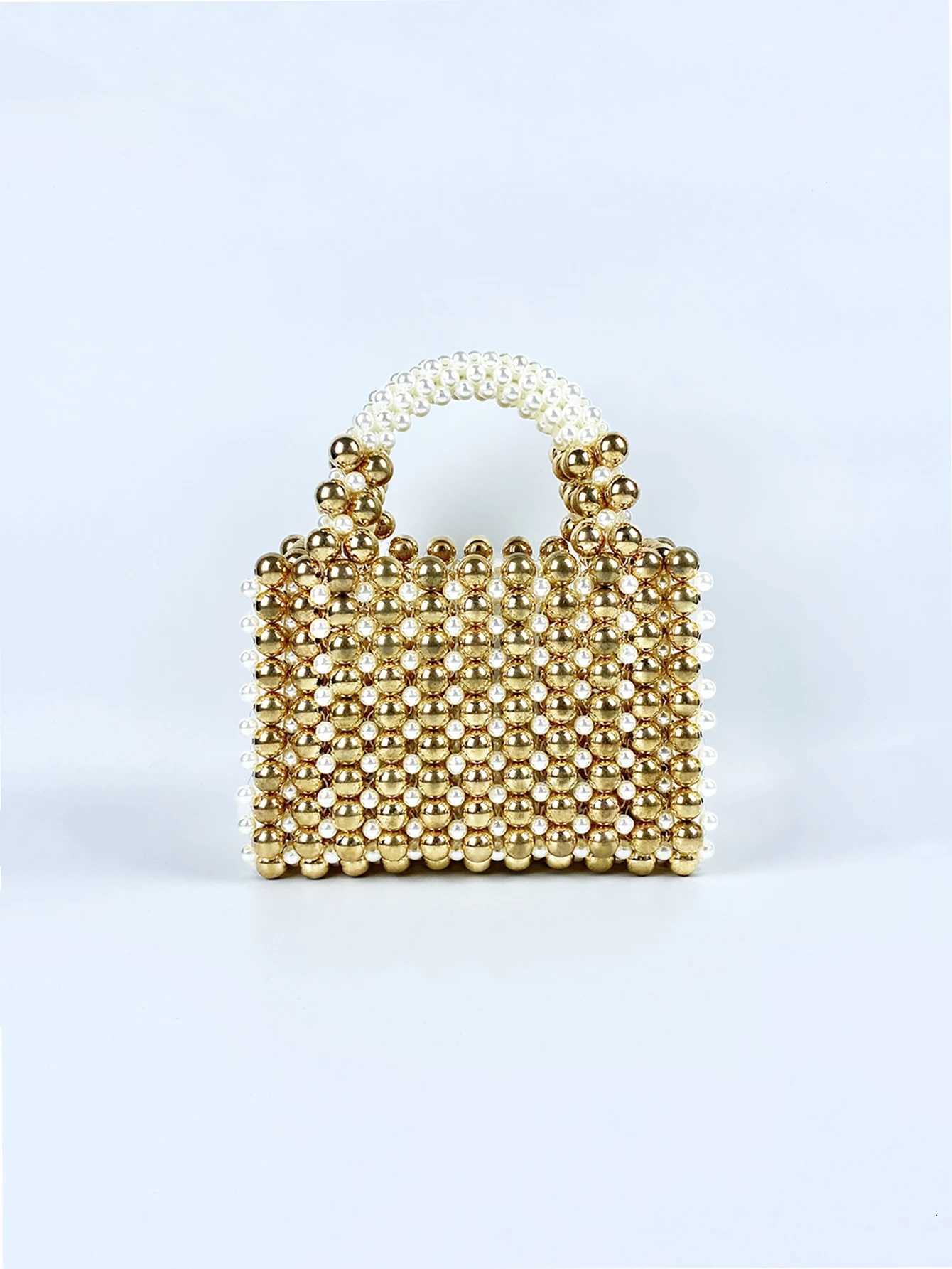 Advanced mobile phone bag with gold round beads acrylic handheld beaded handmade womens bag fashionable casual dinner bag W251031
